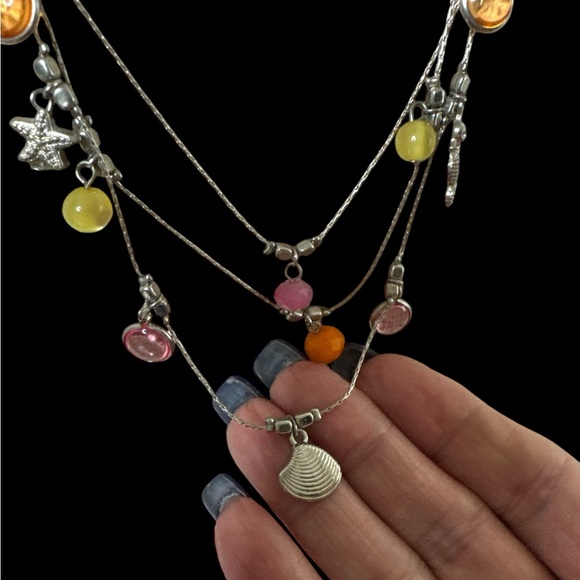 Silvertone 3 Strand Necklace with Seahorse, Starfish and Shell. (B-Q) - Picture 3 of 4
